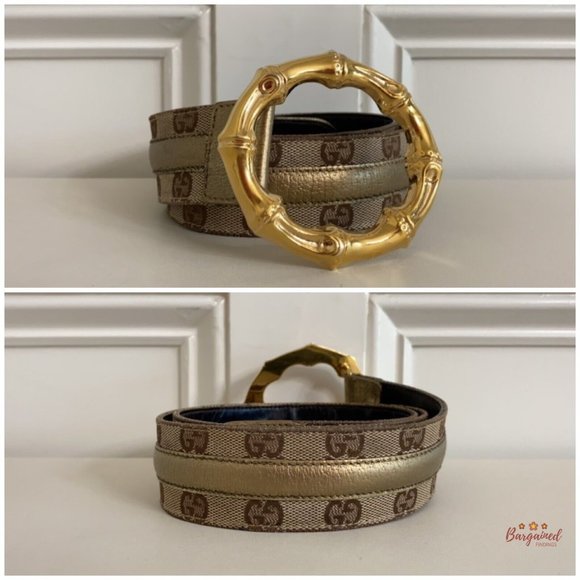 Auth Gucci Monogram Canvas Gold Metallic Leather Bamboo Metal Buckle Belt 88/34 - Picture 3 of 13